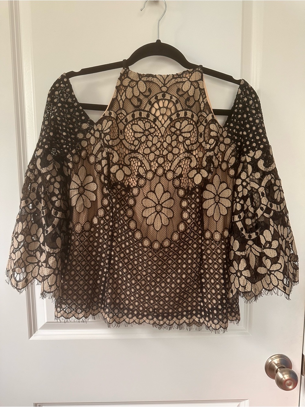 VENUS Black Lace Overlay Cold-Shoulder Blouse with Nude Underlay